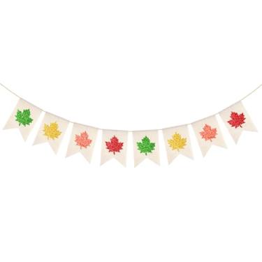 Imagem de Faixa de folha de bordo de outono - guirlandas de bandeiras de serapilheira de aniagem de Ação de Graças, guirlandas rústicas de outono colheita de folhas de outono para decoração de decoração para