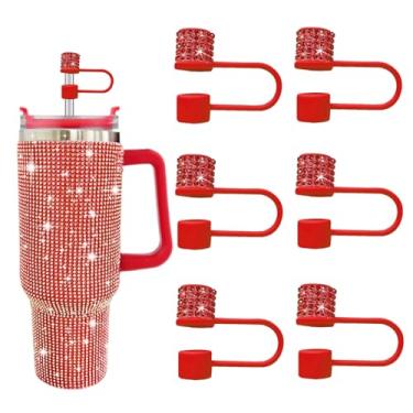 Imagem de JIASHEBDE Conjunto de acessórios para Stanley Cup, 6 peças, capa de canudo de diamante brilhante, tampa de canudos para Stanley 30 e 1,134 g com copos, acessórios de tampa de 1 cm para copo (vermelho