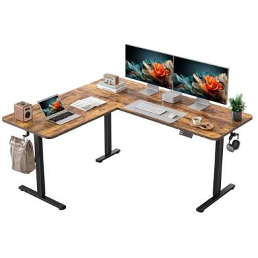 Imagem de YIHAYO Mesa de pé em forma de L, altura ajustável, mesa de canto elétrica de 150 x 139 cm, mesa de computador com suporte para sentar com placa de emenda, marrom rústico