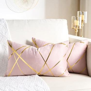 Imagem de ExlizonDeco Capas de almofada decorativas rosa e douradas, almofadas de veludo, 30,5 x 50,8 cm, capas de almofada estampadas em bronze para casas modernas, sofá, quarto, sala de estar, cadeira de