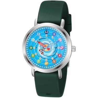 Imagem de Afcrho Relógio infantil – Relógios analógicos para crianças de 7 a 10 anos, 8 a 12 anos, ferramenta de ensino de tempo de aprendizagem de astronautas, 23. Astronauta e foguete, pulseira verde