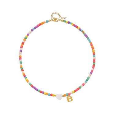 Imagem de Gargantilha feminina com contas de ouro 18 quilates - pingente de letra colorida de aço inoxidável impermeável - joia com pingente de alfabeto personalizado - Presente personalizado delicado para