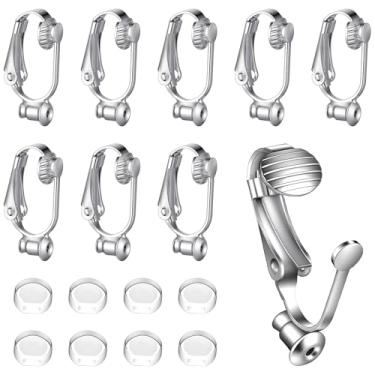 Imagem de Conversor de brincos com clipe de 8 peças, brincos não perfurados, clipes prateados, conversor de brincos de costas planas e 6 peças de almofadas de silicone para mulheres com clipe