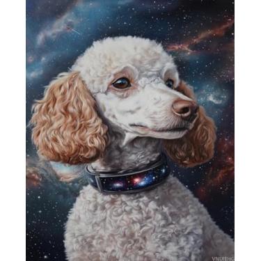 Imagem de Kit de pintura de poodle retrô encantador de astronauta por números para adultos, pintura estética moderna por número em tela, kits de pintura a óleo digital de arte abstrata adequados para decoração