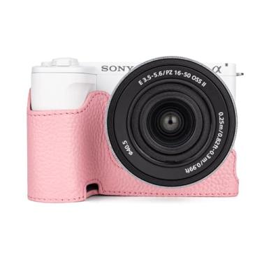 Imagem de MUZIRI KINOKOO Capa para câmera Sony ZV-E10 II - Capa protetora de couro genuíno estilo retrô para câmera Sony Alpha ZVE10 II/ZV-E10 II - com abertura inferior e design de mão - rosa