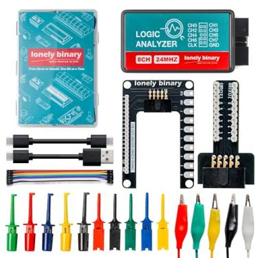 Imagem de LONELY BINARY Kit USB de análise lógica de 8 canais 24 MHz com módulo base, placa de breakout de breadboard, cabos USB-A e tipo C, clipes de teste, clipes jacaré compatíveis com projetos DIY Arduino