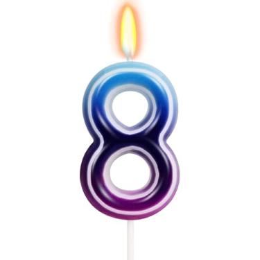 Imagem de Velas de aniversário com tema K-pop – Vela número 8, decoração de bolo neon gradiente azul roxo, decoração de festa de aniversário com tema de música de desenho animado