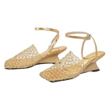 Imagem de Sandália feminina arrastão fechada com bico fechado salto bloco respirável malha trançada com fivela ajustável no tornozelo para verão praia casual elegante, Dourado, 38