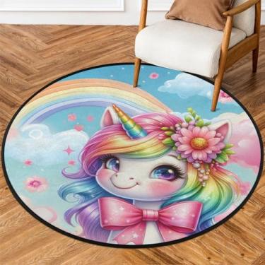 Imagem de Tapete redondo de 1,8 m de unicórnio, fofo, colorido, macio, antiderrapante, lavável, tapete circular para quarto, berçário, sala de estar, cozinha, banheiro, entrada, decoração de casa