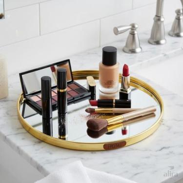 Imagem de Bandeja Redonda Espelhada Dourada para Decoração Quarto Lavabo 20cm Al