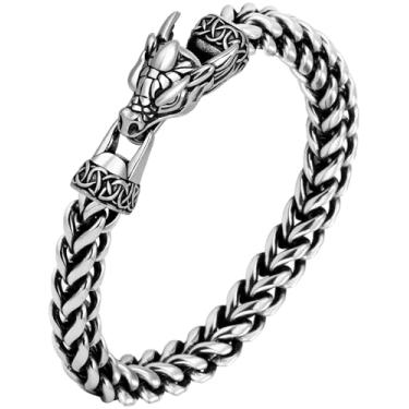 Imagem de LuxGoth Pulseira de corrente de elos cubanos pesados de aço inoxidável cabeça de dragão gótico punk rock motociclista vintage nórdico viking dragão franco elos elos freios joia para homens prata