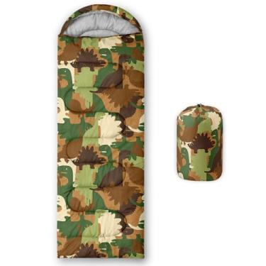 Imagem de AILONEN Saco de dormir de dinossauro camuflado de desenho animado para crianças, meninos, meninas, clima quente e frio, leve, mochila impermeável, saco de dormir com tema de animais Kawaii para
