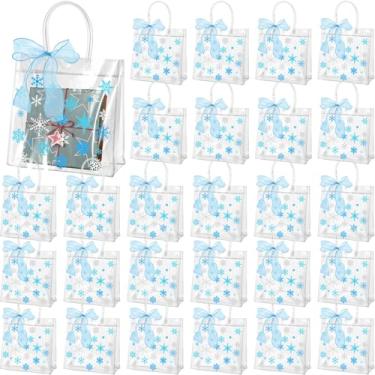 Imagem de Henoyso 36 peças de sacos de presente transparentes de Natal floco de neve de plástico para lembrancinhas de festa de inverno em PVC com alças e fita, 7,8 x 7,8 x 3,1 polegadas (flocos de neve azuis)