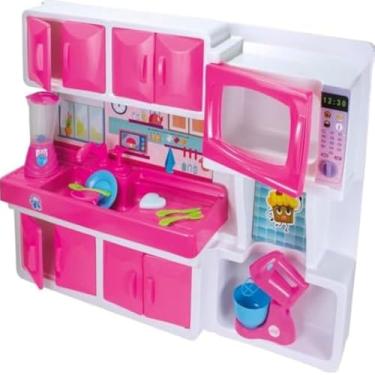 Imagem de Cozinha infantil compacta, armario, pia, fogao, acessorios, utensilios, diversao, cor-de-rosa, atrativa.