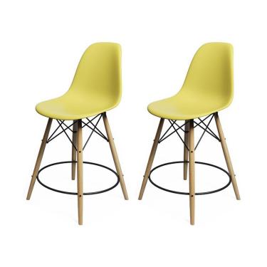 Imagem de Kit 2 Banquetas Eames Eiffel De Madeira Assento Amarelo