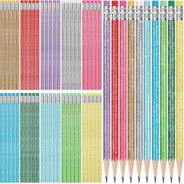 Imagem de TecUnite Lápis HB nº 2 com borracha, nº 2, lápis hexagonais de madeira não apontados para adultos, presentes para exames escolares, arte, aprendizagem, escritório, esboços (série Glitter)