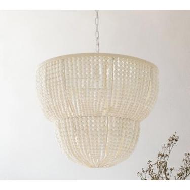 Imagem de Lustre de contas de madeira natural, Bohemia 2 níveis de diâmetro de 76 cm feito à mão com contas de madeira, luminária de teto redonda sobre ilha de cozinha, luminária para sala de jantar, quarto