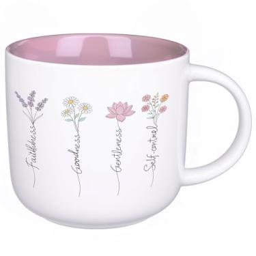 Imagem de ONRRI Caneca de cerâmica interior rosa de 382 g com Faithfulness Goodness Gentleness Self Control Floral Design, Gálatas 5:22-23, seguro para micro-ondas, presente cristão