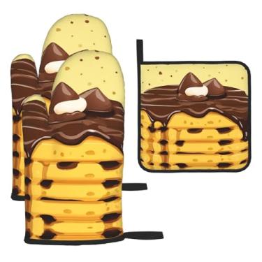 Imagem de Padrão de sorvete e waffle – Conjunto de cozinha essencial com 3 peças, luvas seguras para calor e alça de tampa, proteção para churrasco no forno, design de armazenamento suspenso.