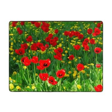 Imagem de ZERAOKE Tapete de área de flor vermelha 48 x 63 polegadas, lavável na máquina com suporte antiderrapante, tapetes macios para sala de estar, quarto, entrada, quarto de crianças, decoração de casa