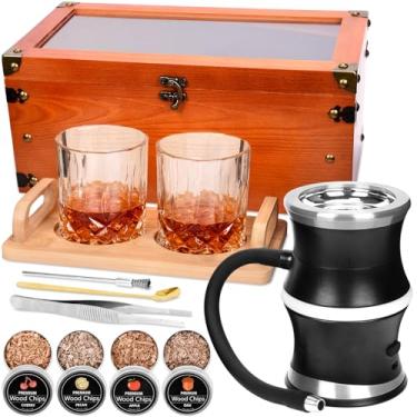 Imagem de Kit de defumador elétrico antiquado, kit de defumador de uísque com caixa de fumaça de madeira, kit de defumador de coquetel infunde defumador rico em bourbon e coquetel, presente de uísque de