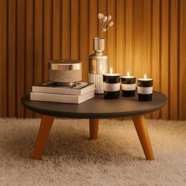 Imagem de Mesa de centro redonda em PVC estilo retrô com pés em formato de fuso, ideal para decoração de salas de estar modernas(Cinza/Caramelo)