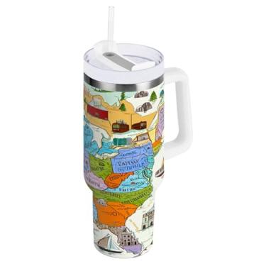 Imagem de Kigai Copo de 850 g com alça, copos isolados de mapa do mundo colorido com tampa e canudo, garrafa de água esportiva de metal grande, caneca de café de viagem de aço inoxidável