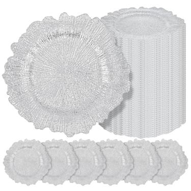 Imagem de 50 placas de carregamento prateadas a granel de 33 cm para prato de jantar, carregadores prateados para mesa, placa de design de recife, carregadores redondos decorativos florais para festa de