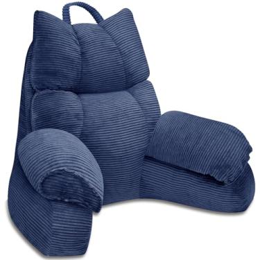 Imagem de RRPAHWTV Almofada de leitura para cama com descanso de braço alto, almofada de apoio para as costas para sentar na cama com espuma viscoelástica desfiada para ler, TV, jogos ou relaxar no chão (azul