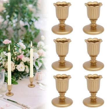 Imagem de 6 peças de castiçais vintage, conjunto de castiçais dourados cônicos, 1,9 x 2,5 vara decorativa de resina para peça central, recepção de casamento, decoração festiva de cornija de Natal ou decoração