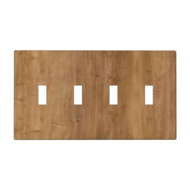 Imagem de Naiqadnehz Placa de cobertura de interruptor de luz rústica marrom quente grão de madeira 4 gangues placa de parede com interruptor quádruplo capa decorativa para decoração de cabine de fazenda