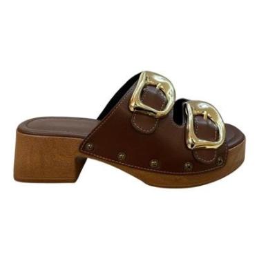 Imagem de Tamanco Feminino Beira Rio Casual Tratorado Fivela Metalizado Salto Bloco 8559.106 Marrom-Feminino