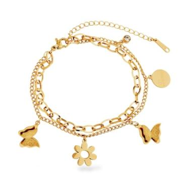Imagem de Pulseira Feminina Pingente Borboleta Medalha Ponto de Luz Flor Aço inox 316 Cores Dourado Prata Estilo Em aço inoxidável antialérgico Resistente Corrosão (Dourado)