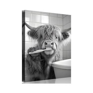 Imagem de TutuBeer Arte de parede Highland Cow banheiro preto e branco vaca Highland no vaso sanitário imagem engraçada animal banheiro imagem engraçada animal de banho para decoração de parede pronto para
