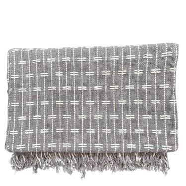 Imagem de Manta Tijolinho 100% Algodão 2,2x1,5m - Conjunto Decorativo para Cama e Sofá, Macia, Lavável e Multiuso(Cinza com Cru)