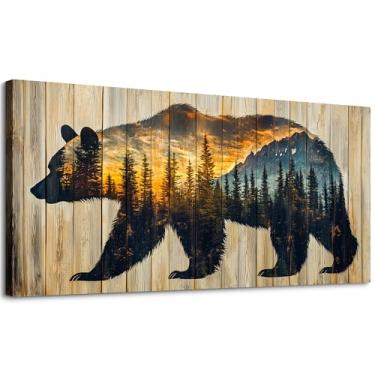 Imagem de SLYCAY Impressões de arte de parede em tela vintage grande, silhueta de urso marrom floresta montanha pôr do sol imagem rústica vida selvagem casa de fazenda decoração quarto sala de estar galeria