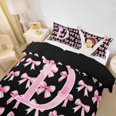 Imagem de Erosebridal Capa de edredom com laço rosa e preto com inicial de coquete, laço e laço para meninas adolescentes, monograma, conjunto de cama D, presente de aniversário inicial moderno para princesas