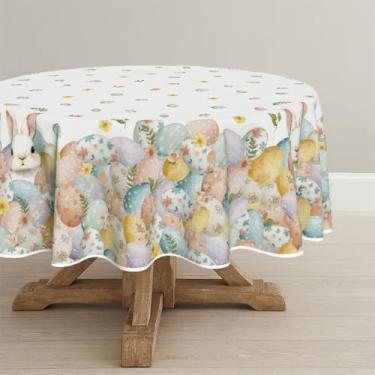 Imagem de Horaldaily Toalha de mesa redonda de Páscoa, 152 x 152 cm, ovos de Páscoa, coelhos, anêmona, flores, lavável, capa de mesa sazonal para decoração de festa e piquenique e jantar