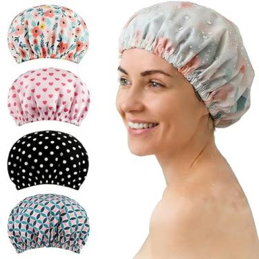 Imagem de Pacote com 4 toucas de banho com estampa fofa: toucas de banho impermeáveis reutilizáveis para viagens, cozinha e salão de beleza - proteção de cabelo de qualidade (cores sortidas)