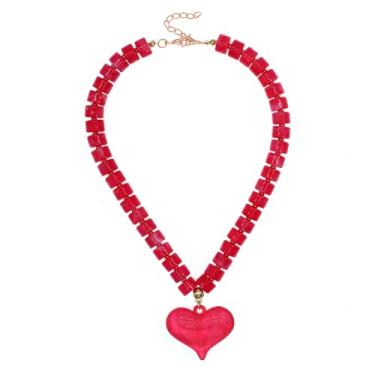 Imagem de JNF Colar feminino com contas de coração grosso, coração, grande, gargantilha, colares, boêmio, resina, miçangas, gola, joias, presente, Adjustable, Resina, Esmeralda