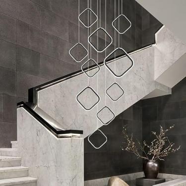 Imagem de Lustre LED moderno, lustre grande para hall de entrada, 15 anéis de alumínio, luminária pendente dimerizável para teto alto com controle remoto, altura ajustável, luminária suspensa para esc