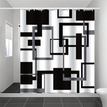 Imagem de Cortinas de chuveiro extra longas para banheiro, cortina de chuveiro geométrica preta e cinza impermeável moderna decoração de banheiro 180 x 220 cm/LxA cortina de chuveiro de tecido boho