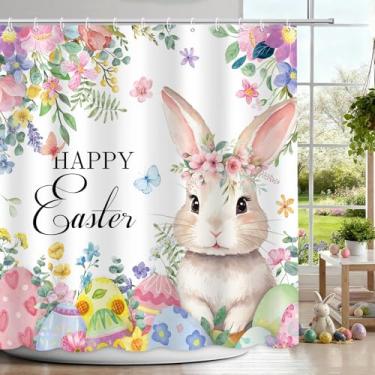 Imagem de APROPHIC Cortina de chuveiro Happy Easter Coelhinho, primavera aquarela ovos de Páscoa cortina de chuveiro floral para banheiro, bonita cortina de banho de tecido de poliéster impermeável para