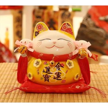 Imagem de FENNYYAR Mascote amarelo gato da sorte flor relevo de cerâmica, 17 cm 16,8 cm, decoração de estátua Feng Shui