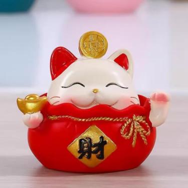 Imagem de FENNYYAR Resina Yuanbao Saco de Dinheiro Vermelho Sorriso Branco Maneki Neko, 6 cm 6 cm, Ornamento Pequeno para Mesa Doméstica