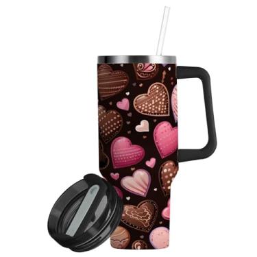 Imagem de ATTX Copo de coração de chocolate de 850 g com alça, copo de aço inoxidável a vácuo de parede dupla com palha, caneca de café de viagem isolada #288