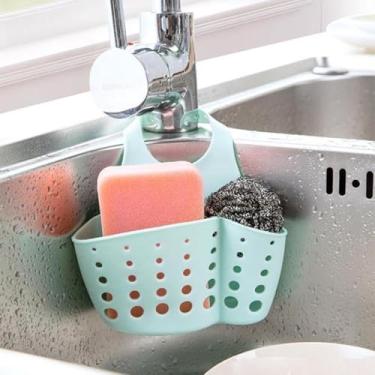Imagem de Suporte de esponja de pia de camada dupla - Bandeja de sabão e esponja com ventosa com cesta suspensa | Organizador de drenagem rápida e economia de espaço para utensílios e escovas (azul)