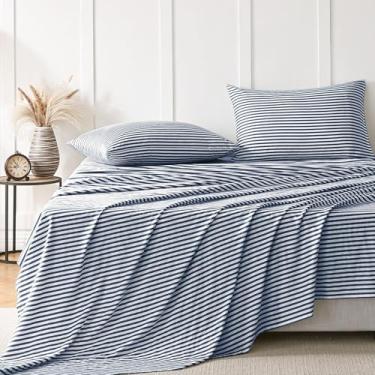 Imagem de JELLYMONI Jogo de lençol 100% algodão – listras azuis escuras e brancas, king size, roupa de cama macia com bolso alto, lençol de cima e fronha