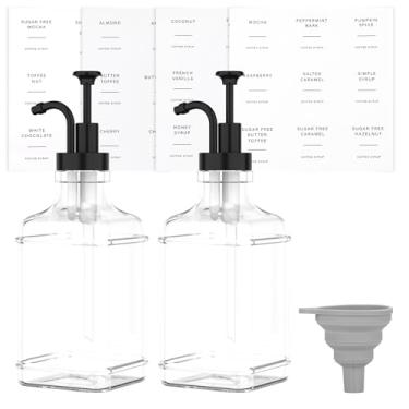 Imagem de KHZSPP Pacote com 2 Dispensadores de Xarope de Café com 36 Etiquetas e Bomba, Garrafa de Xarope de Vidro de 500 ml para Café, Cozinha, Restaurante (Preto)