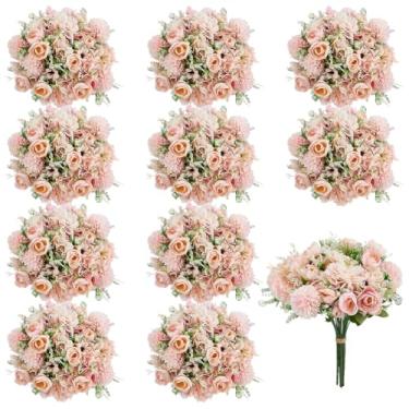 Imagem de ORIGACH 12 pacotes de buquês de flores artificiais rosa – peônia sintética, cravo, hortênsia e botões de rosa flores de seda para centro de mesa de casamento, decoração de escritório em casa, arranjos
